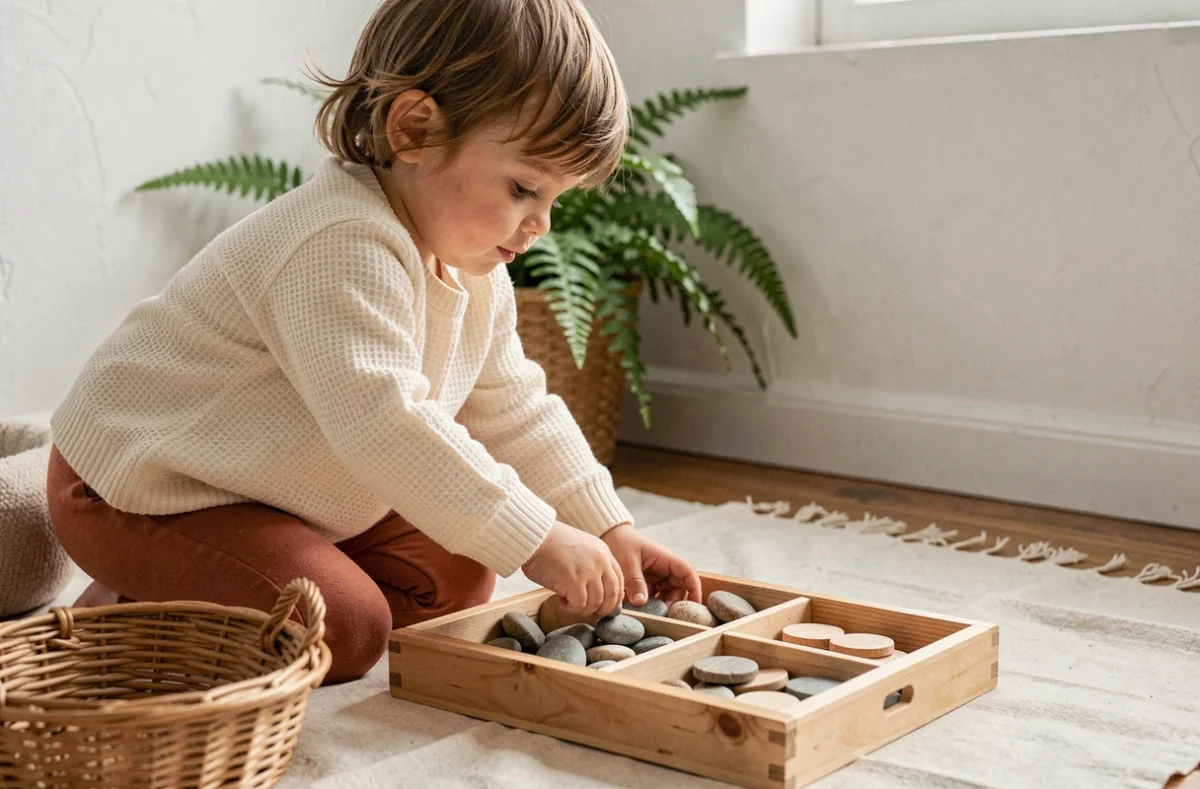 Toute petite fille de 2 ans qui trie des objets naturels dans un plateau en bois pour exercer sa motricité fine en douceur