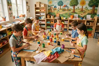 Enfants en centre de loisirs faisant des activités manuelles créatives pendant les vacances scolaires