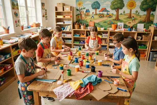 Enfants en centre de loisirs faisant des activités manuelles créatives pendant les vacances scolaires