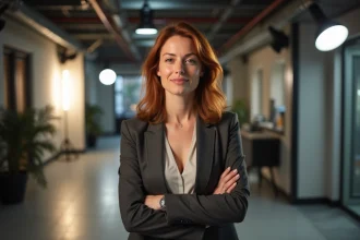 Actrice française dans les coulisses d'un studio de télévision, evoquant l'univers des séries policières françaises