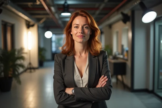 Actrice française dans les coulisses d'un studio de télévision, evoquant l'univers des séries policières françaises
