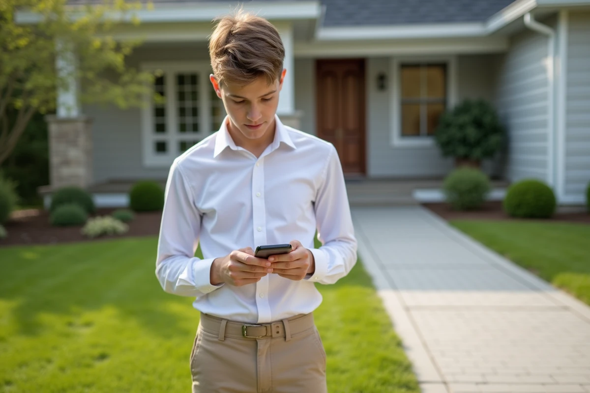 Adolescent regardant son smartphone devant sa maison