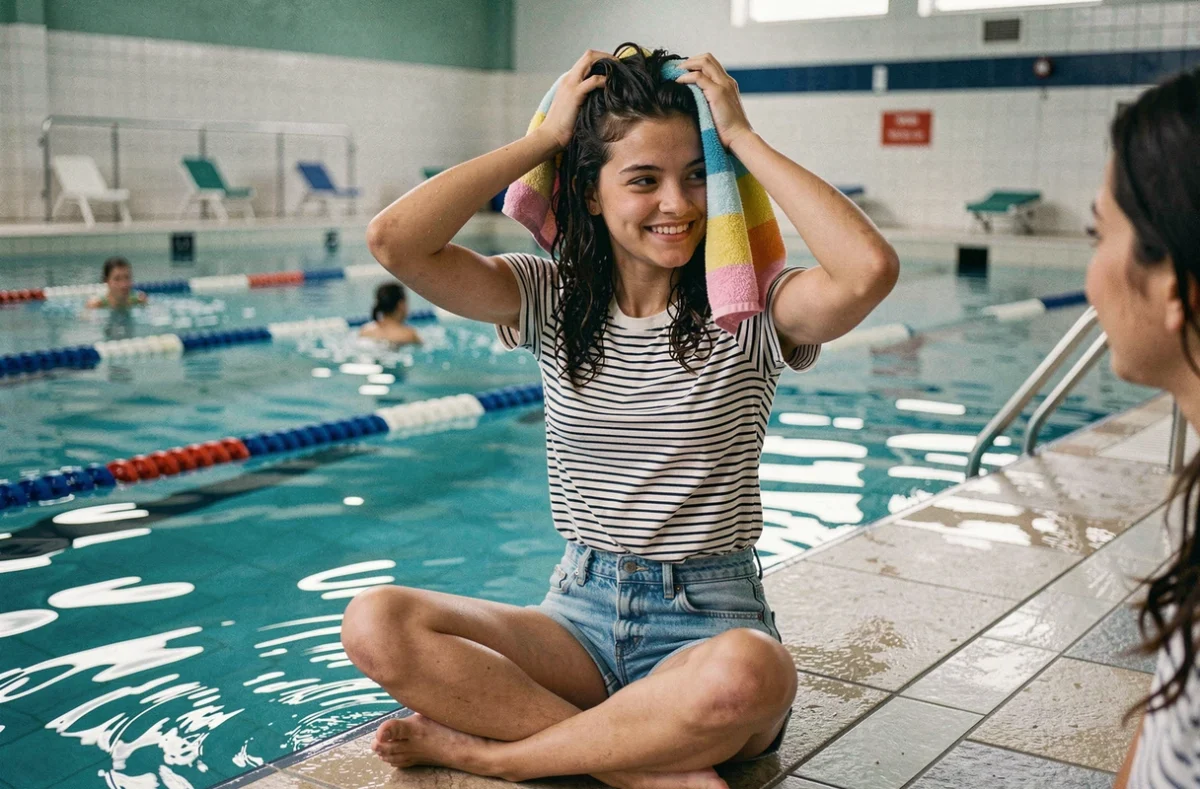 Adolescente se reposant au bord d'une piscine municipale parisienne pendant l'été, ambiance fraîche et détendue