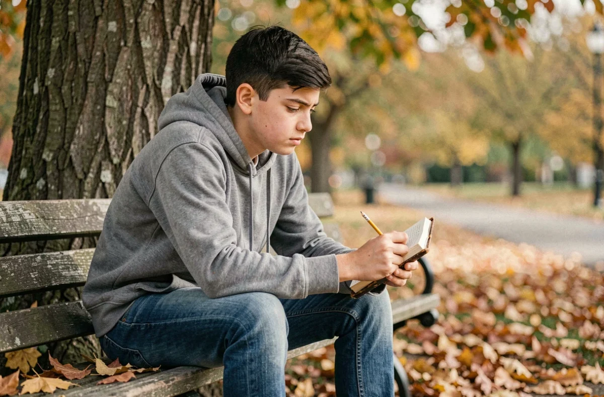 Adolescent écrivant dans un carnet en plein air en automne, méditant sur des souvenirs de son père disparu