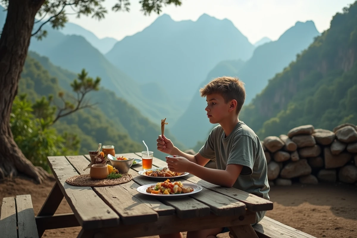 Adolescent dégustant un repas créole au refuge de montagne dans le Cirque de Cilaos à La Réunion