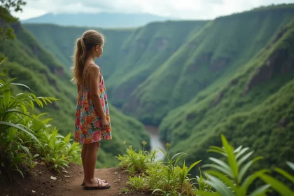 Adolescente en robe fleurie explorant un sentier de randonnée volcanique à La Réunion pendant les vacances scolaires