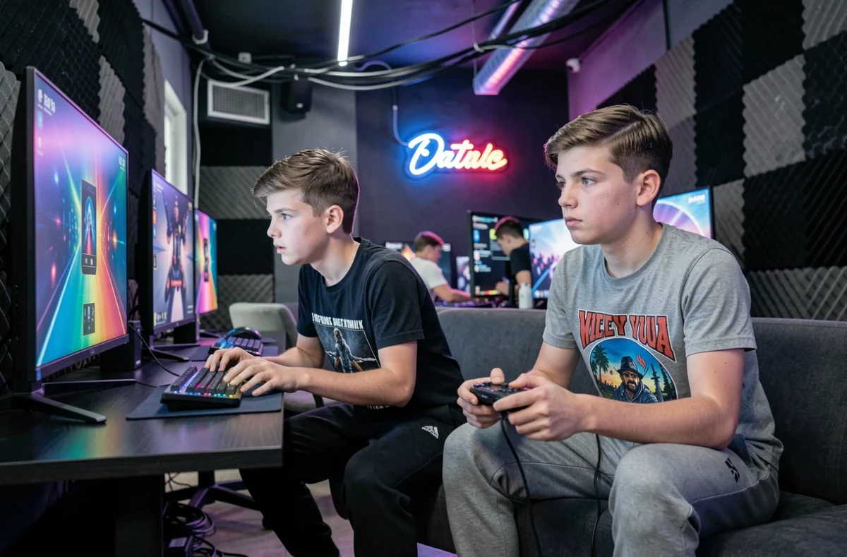 Deux adolescents parisiens jouant aux jeux vidéo dans un café esport pendant les chaleurs estivales