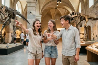 Groupe d'adolescents visitant un musée parisien frais en été, riant devant des squelettes de dinosaures