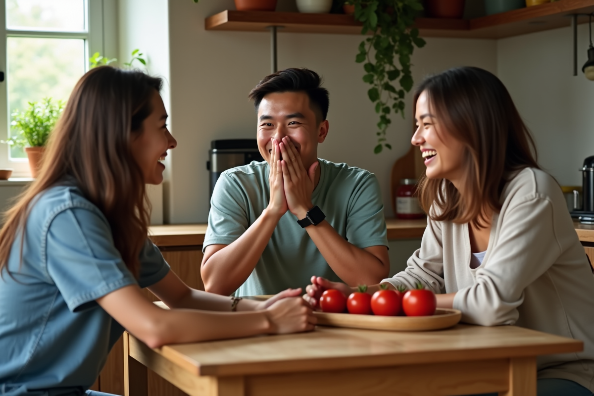Adultes jouant au jeu de la tomate à table