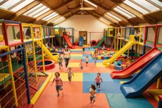 Vue d'ensemble d'une grande aire de jeux couverte dans les Pays de la Loire avec familles et enfants en train de jouer