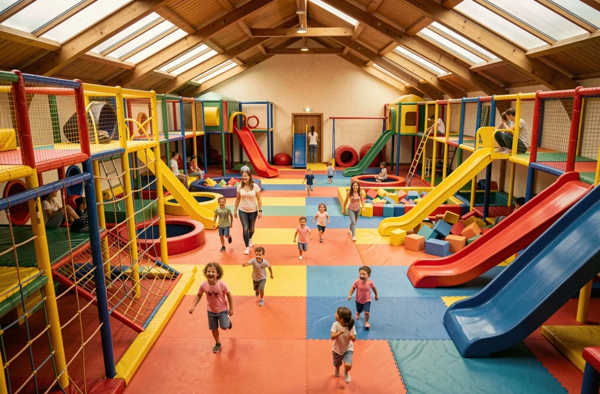Vue d'ensemble d'une grande aire de jeux couverte dans les Pays de la Loire avec familles et enfants en train de jouer