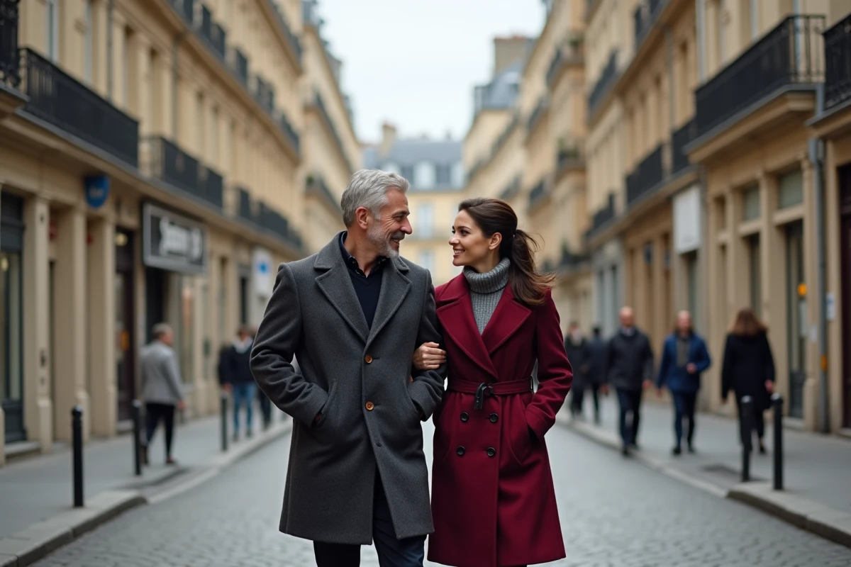 Couple élégant se promenant dans une rue parisienne haussmannienne en automne, évoquant la relation et la vie de couple d'une personnalité publique