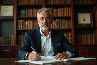 Portrait éditorial d'un homme distingué dans une bibliothèque privée, illustrant la discrétion et la vie personnelle d'une personnalité publique