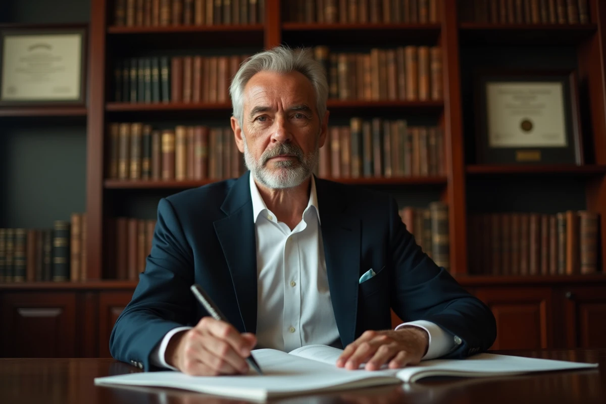 Portrait éditorial d'un homme distingué dans une bibliothèque privée, illustrant la discrétion et la vie personnelle d'une personnalité publique