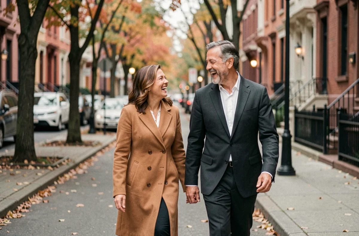 Couple complice se promenant dans une rue arborée en automne, évoquant la relation discrète entre Alexis Knief et Timothy Olyphant