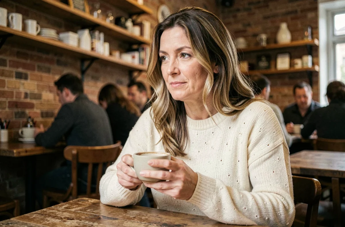 Femme élégante savourant un café dans un bistrot cosy, portrait intimiste illustrant la vie privée d'Alexis Knief