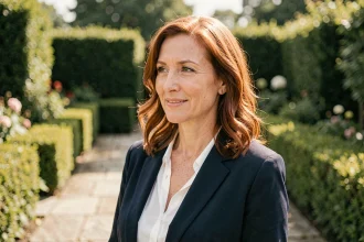 Portrait intimiste d'une femme élégante aux cheveux auburn dans un jardin verdoyant, illustrant la vie discrète d'Alexis Knief