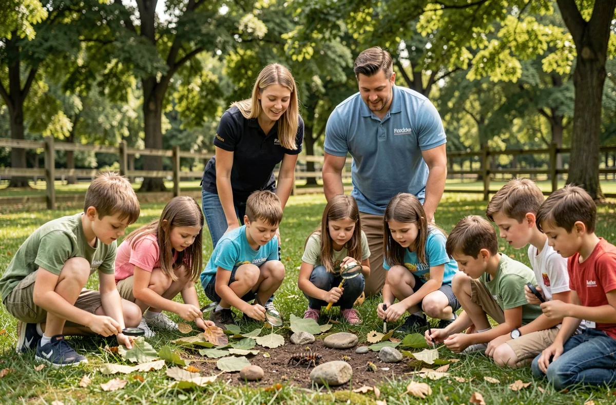 Animateurs encadrant des enfants lors d'une activité nature en plein air dans un centre de loisirs