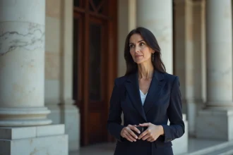Femme élégante en blazer marine devant un bâtiment officiel, illustrant les apparitions publiques d'une personnalité médiatique