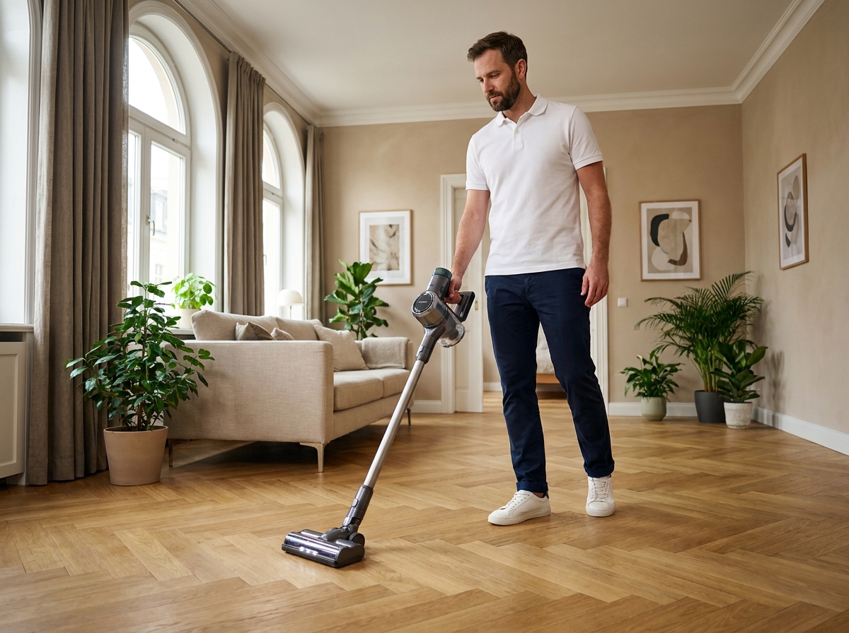 Homme passant l'aspirateur dans un salon propre et lumineux, service de ménage régulier à domicile à Saint-Maur-des-Fossés