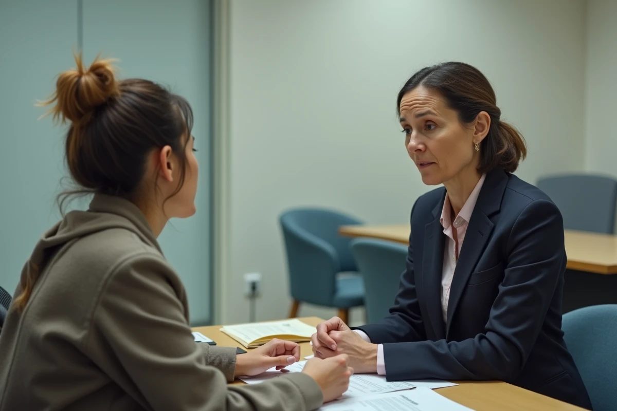 Assistante sociale en entretien avec une mère lors d'une procédure de mesure éducative judiciaire