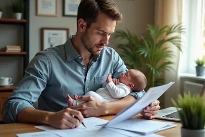 Père autoentrepreneur consultant des documents administratifs de congé paternité tout en tenant son nouveau-né dans son bureau à domicile