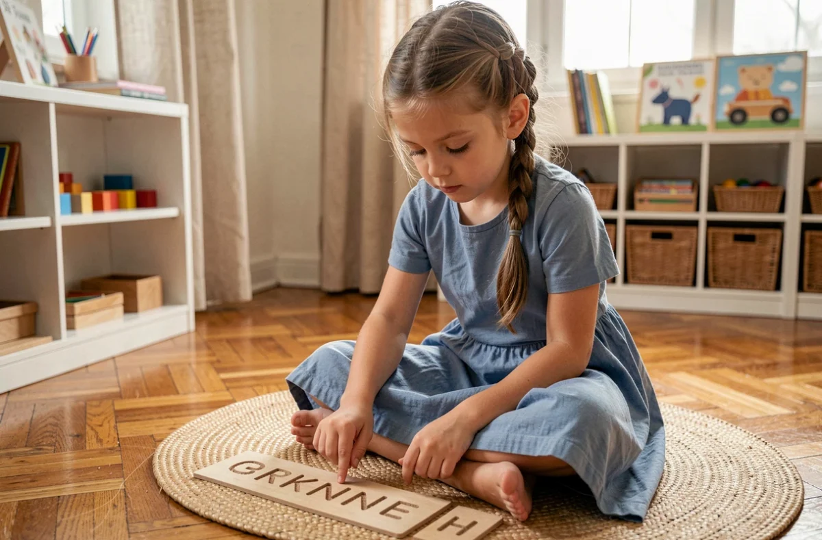 Jeune élève de l'école Montessori Avea28 à Chartres traçant des lettres rugueuses avec concentration sur un tapis tressé