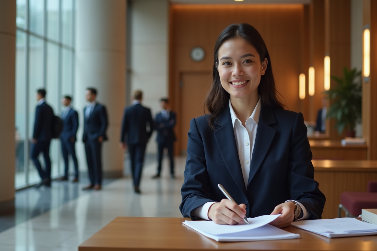 Jeune avocate relisant des documents dans un tribunal