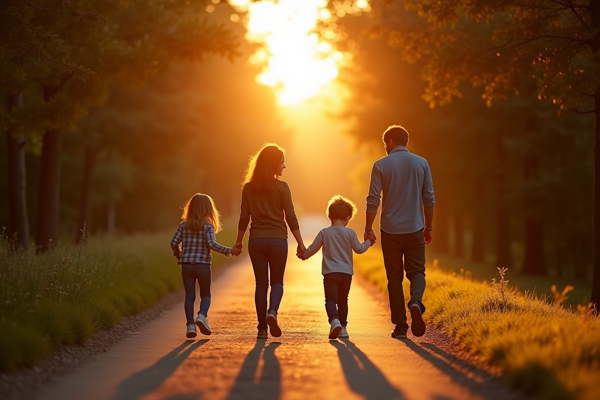 Famille de quatre marchant main dans la main au crépuscule
