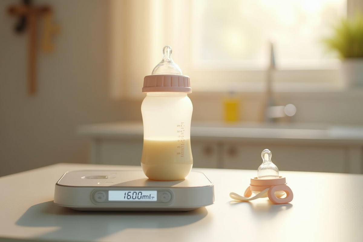 Balance numérique avec biberon et accessoires bébé dans une nurserie