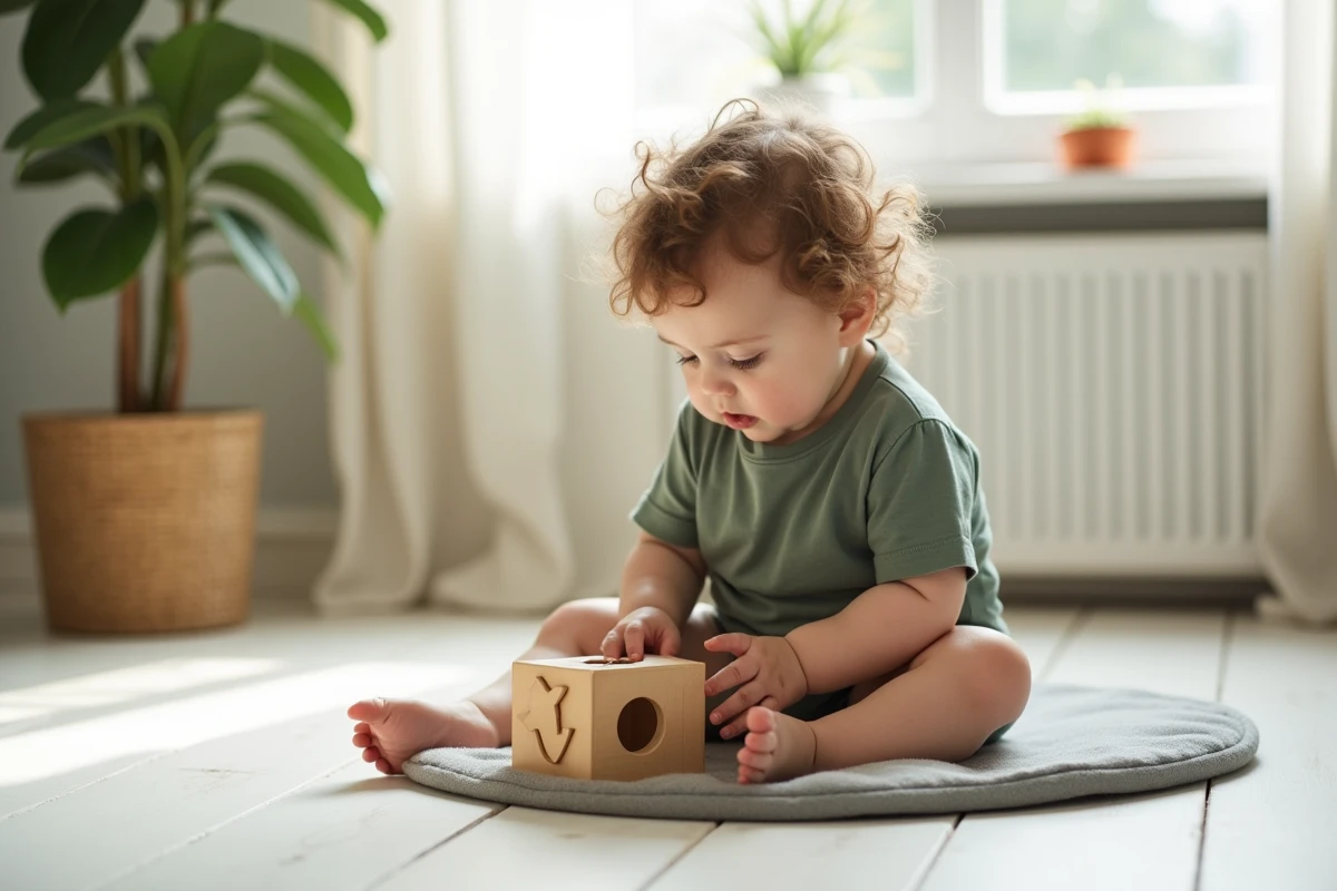 Bébé de 1 an en train de jouer avec un cube de tri en bois Montessori sur un tapis de jeu gris à la maison