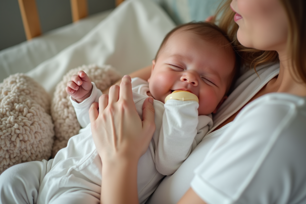 Bébé de deux mois dans les bras de sa mère lors de l'allaitement