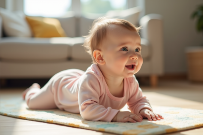 Bebe fille de 5 mois en onesie pastel sur tapis de jeu