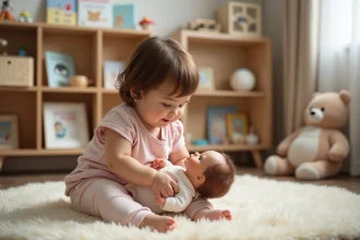 Photo hyperrealiste d'une petite fille souriante avec doudou