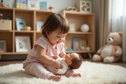 Photo hyperrealiste d'une petite fille souriante avec doudou