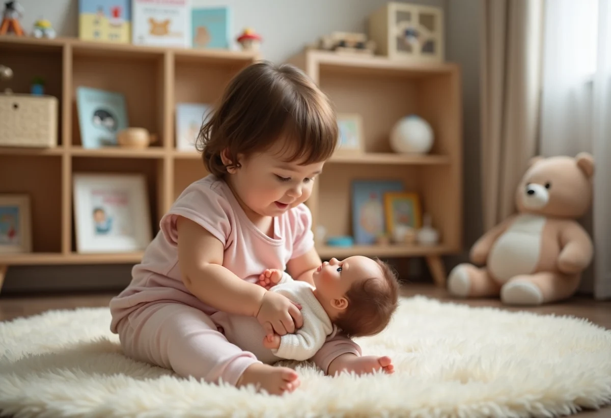 Photo hyperrealiste d'une petite fille souriante avec doudou
