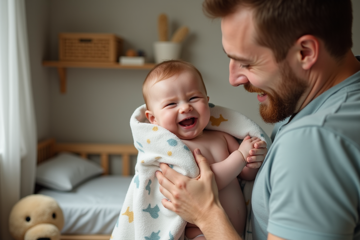 Fille rire dans une serviette colorée avec son père