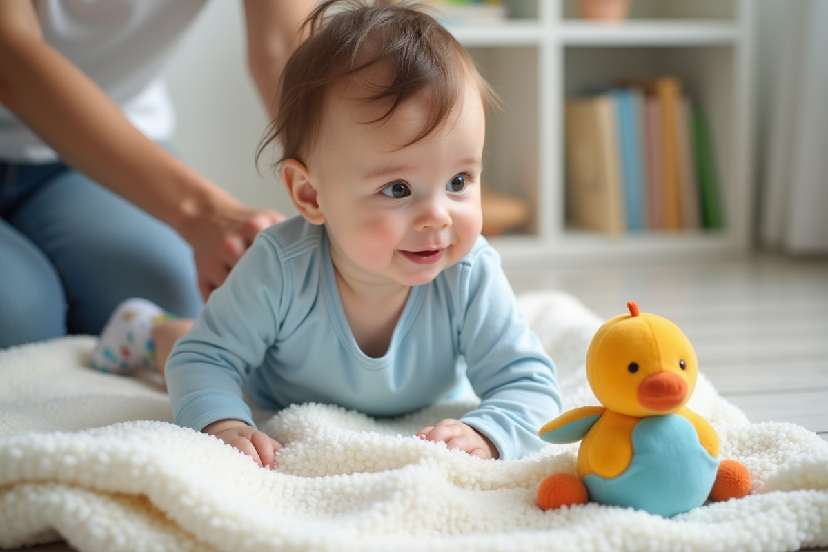 Bebe garcon avec parent jouant avec jouet dans la nurserie