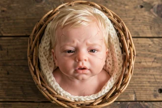 Bébé reborne en silicone posé dans un panier en osier avec une couverture tricotée crème, vue de dessus