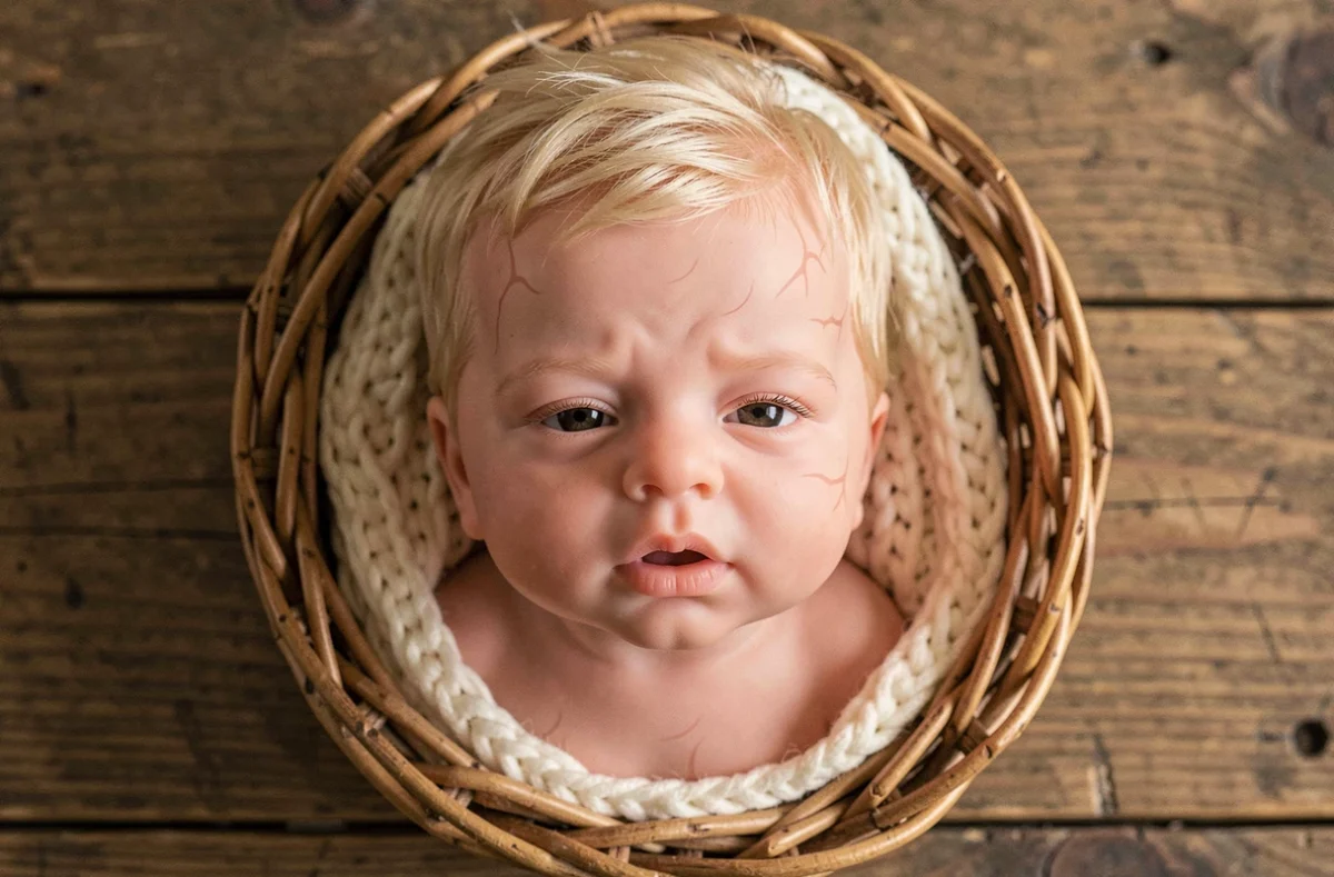 Bébé reborne en silicone posé dans un panier en osier avec une couverture tricotée crème, vue de dessus