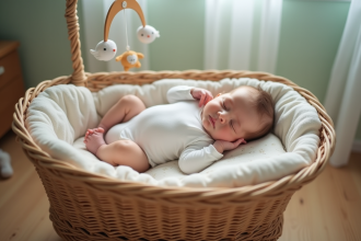 Nouveau-né dormant paisiblement dans un berceau en osier