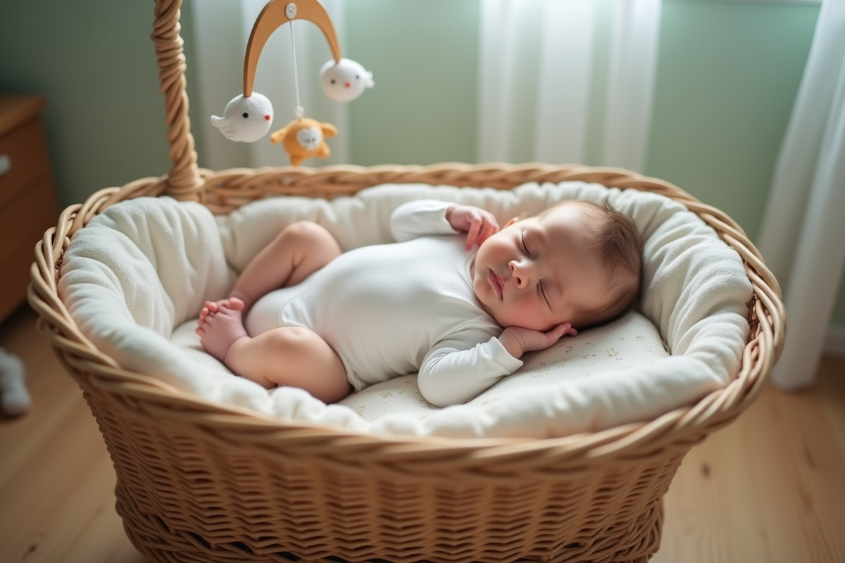 Nouveau-né dormant paisiblement dans un berceau en osier