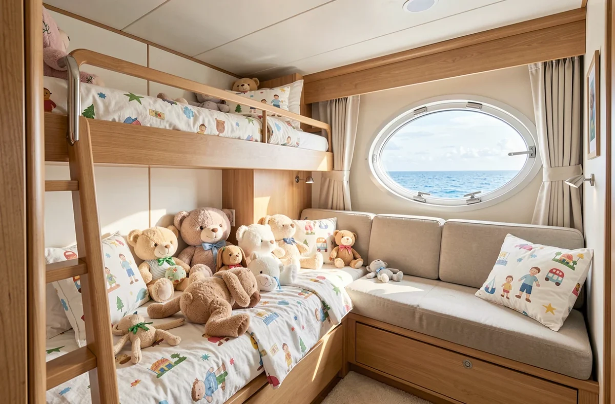 Cabine familiale de croisière avec lits superposés et canapé-lit