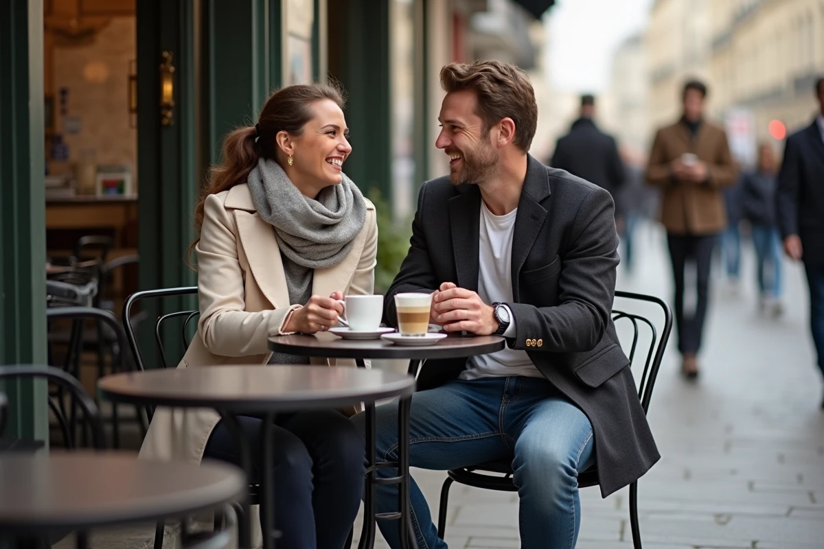 Amis riant autour d’un café en terrasse à Paris