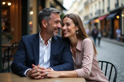 Couple souriant dans un café parisien en extérieur