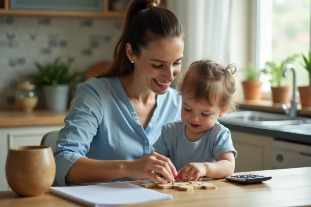Nounou professionnelle assise avec un enfant à une table en bois, calculatrice et carnet posés à côté, illustrant le calcul du salaire et des congés payés d'une nounou