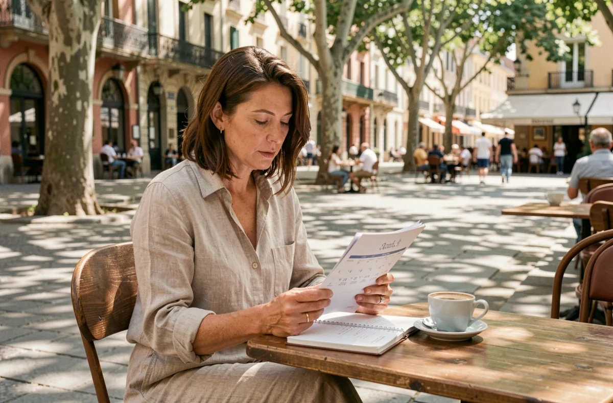 Mère consultant le calendrier des vacances scolaires à une terrasse de café à Montpellier