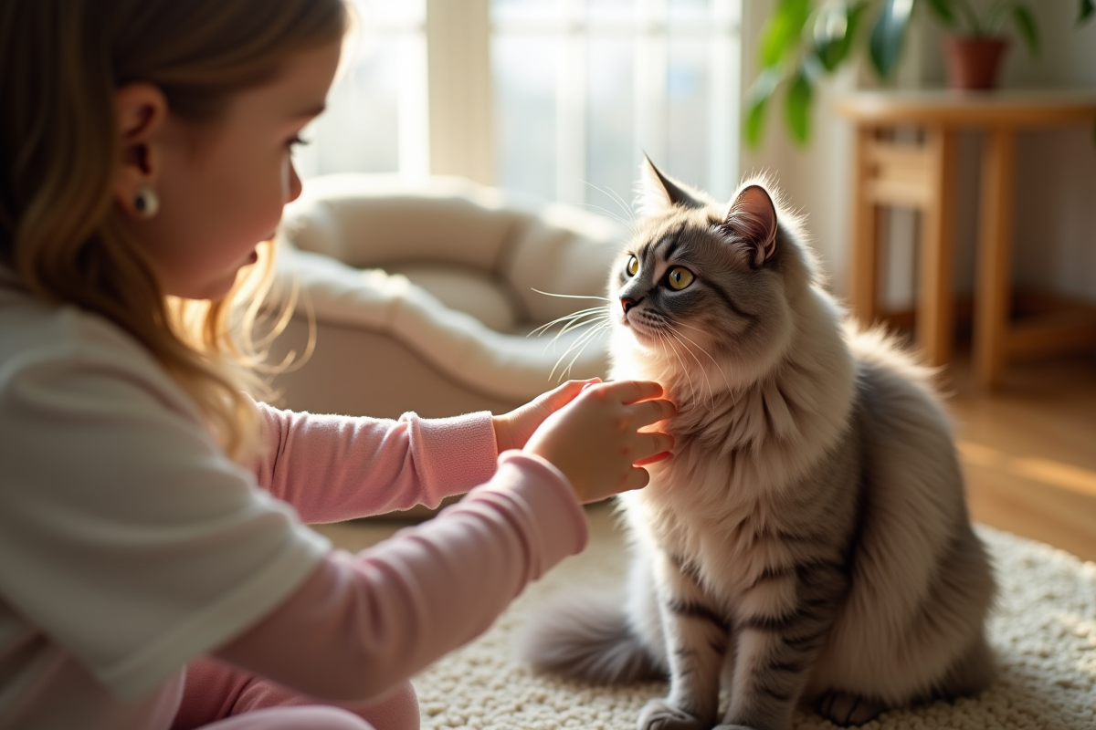 Chat persan chinchilla being brushed by girl dans un salon chaleureux