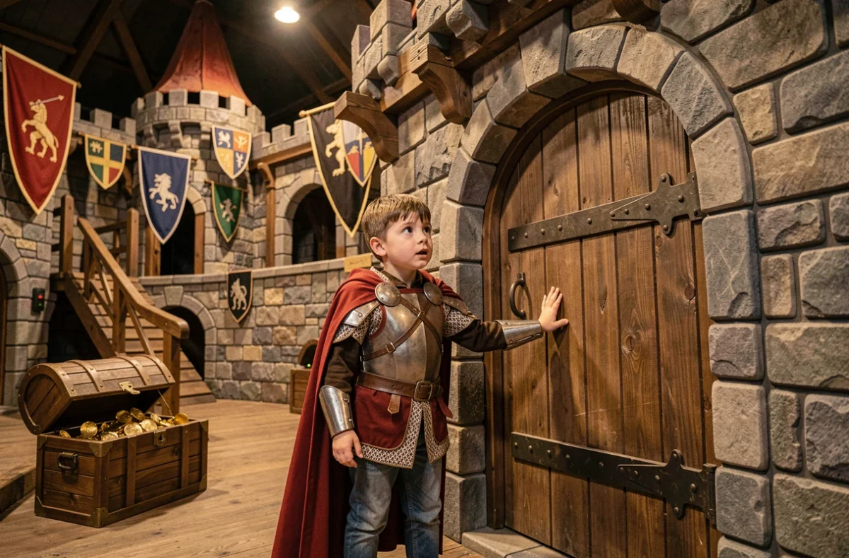 Jeune garçon explorant le château médiéval en intérieur du Château des Aventuriers à Avrillé