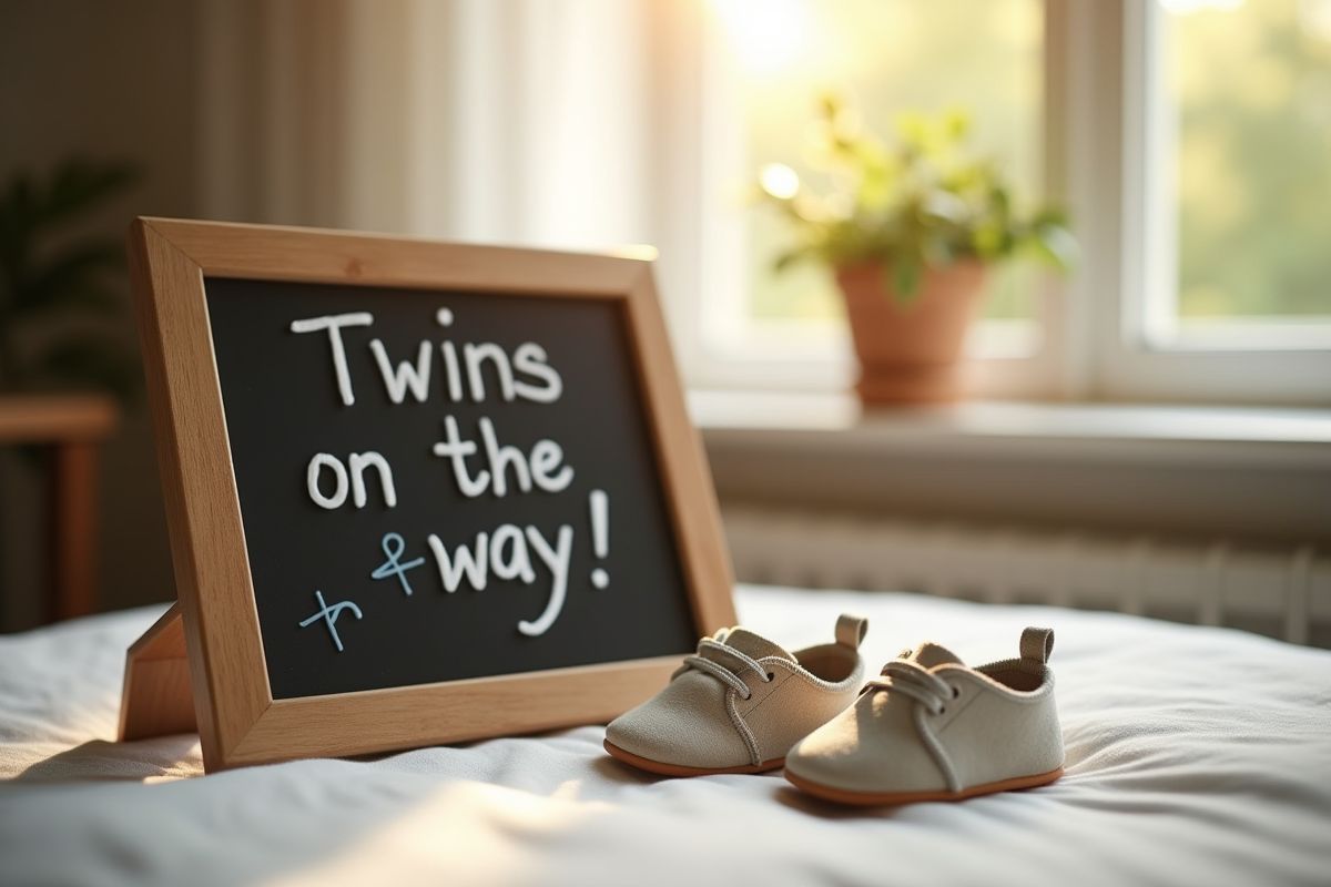 Petits chaussons de bébé avec message jumeaux en route